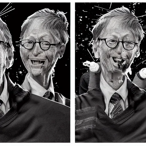 Image similar to bill gates full body portrait, piles of syringes behind him, body horror, black and white illustration by junji ito and francis bacon, hunter s thompson feeling of grimdark, sharp focus, fiction, hyper detailed, digital art, trending in artstation, cinematic lighting, studio quality, smooth render, unreal engine 5