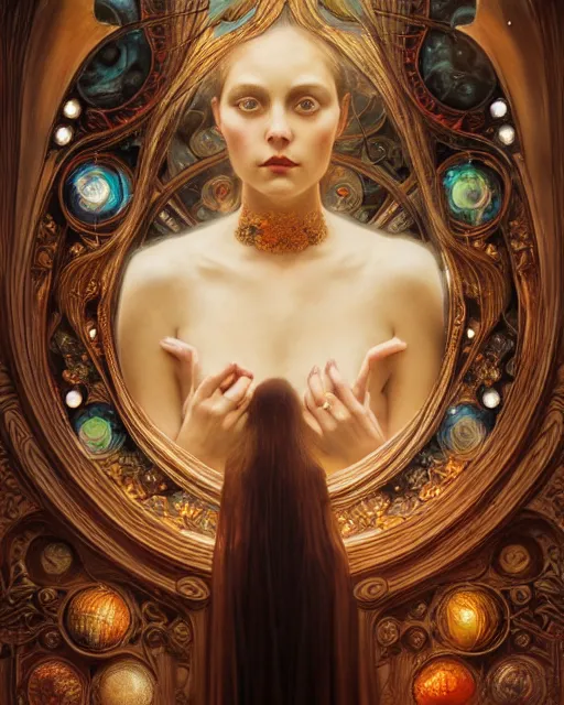 Prompt: full view realistic ethereal woman with big eyes and a glowing face, wearing a beautiful dress, mandy jurgens and ruan jia, ornate art nouveau background by elisabeth sonrel, iconography stained glass solar system background, mystical oil on linen, award winning, dramatic lighting, intricate details, realistic, full view, artstation, cgsociety