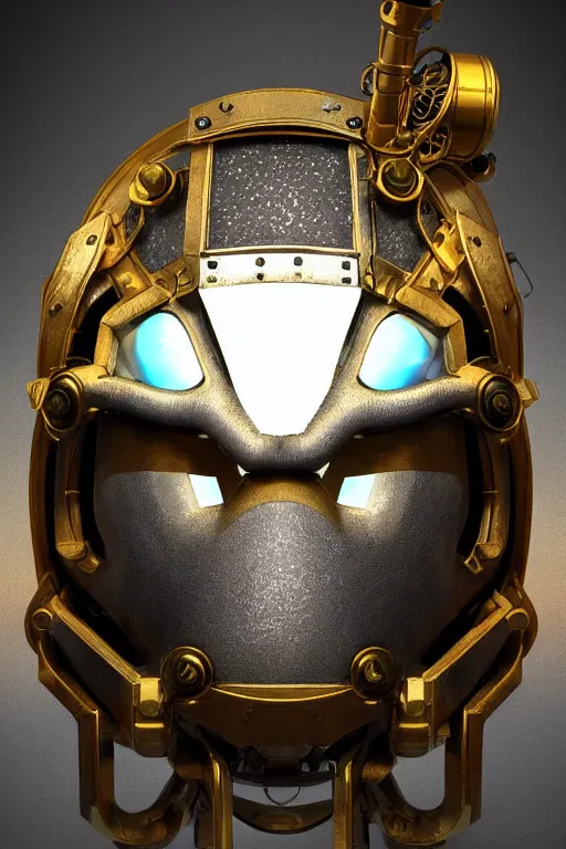 Image similar to steampunk mask minimalist fantasy art robot ninja helmet, global illumination ray tracing hdr fanart arstation by sung choi and eric pfeiffer and gabriel garza and casper konefal radiating a glowing aura