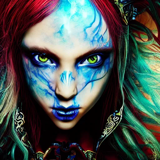 Image similar to portrait of young girl half dragon half human, dragon girl, dragon skin, dragon eyes, dragon crown, blue hair, long hair, highly detailed, cinematic lighting, by Guillermo del toro and Tim Burton