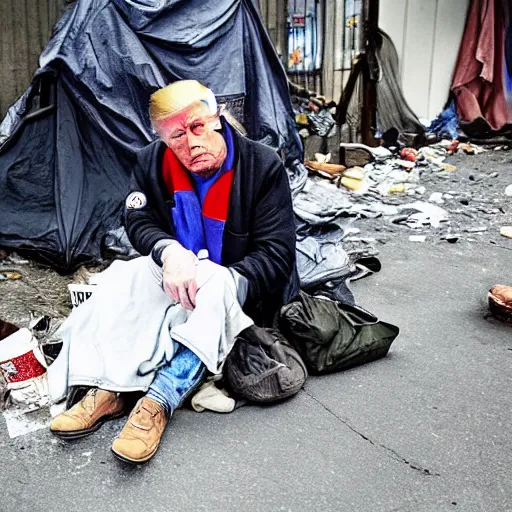 Image similar to donald trump dressed as a homeless man living in the slums