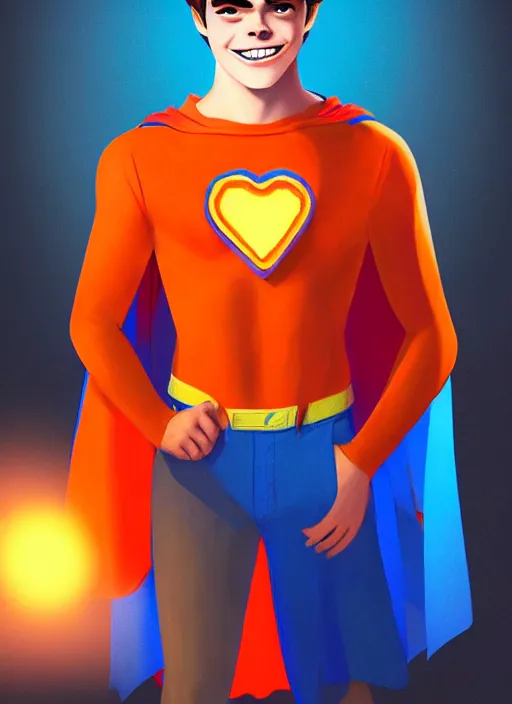 Image similar to friendly teenage archie andrews wearing an orange superhero costume with heart logo, heart, freckles, blue cape, heart emblem on chest, blue cape, intricate, elegant, glowing lights, highly detailed, digital painting, artstation, sharp focus, illustration, art by wlop, mars ravelo and greg rutkowski