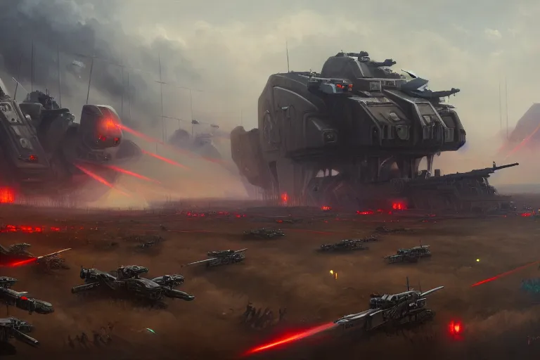 Prompt: grim oil painting of weaponized high technology battlefield in a village magali villeneuve, trending on artstation