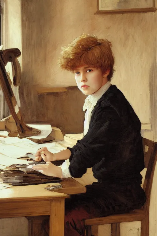 Prompt: museum painting, wide - shot, photo of boy in the age of 1 7, reddish golden hair, dressed in 1 8 th century, black, white, sitting at the desk, sharp focus, highly detailed, digital art, oil painting, masterpiece, artgerm, rutkowski, mucha, leyendecker, kinkade