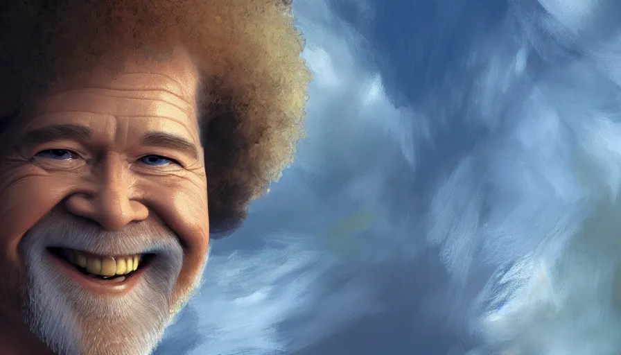 Image similar to Bob Ross smiling as an angel, hyperdetailed, artstation, cgsociety, 8k