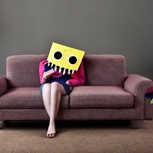 Image similar to a couch with teeth and eyes who eats people