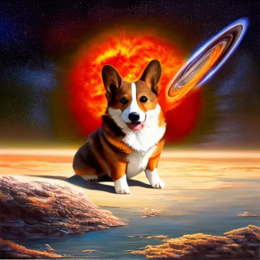Prompt: giant corgi as big as the sun, standing in the solar system, oil on canvas, intricate, 8k highly professionally detailed, HDR, CGsociety