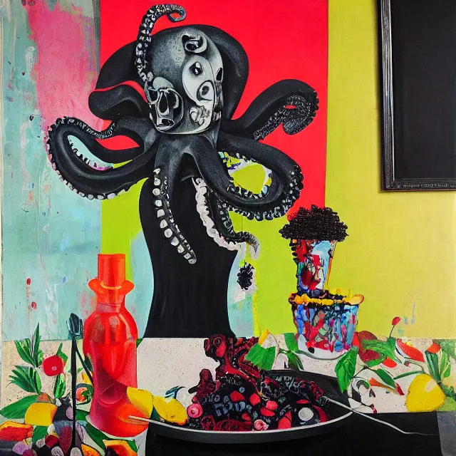 Image similar to empty room with black walls, sensual portrait of a female pathologist, broken vase of flowers and water, octopus, squashed berries, neo - expressionism, surrealism, acrylic and spray paint and oilstick on canvas