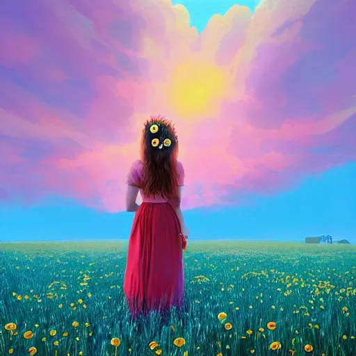 Image similar to girl with a giant daisy head, surreal photography, flower field, sunset dramatic light, impressionist painting, colorful clouds, blue sky, digital painting, artstation, simon stalenhag