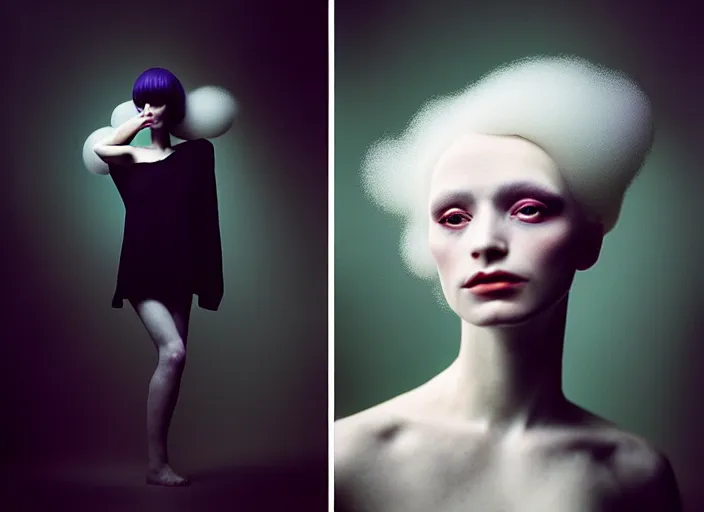 Image similar to cinestill 5 0 d photo portrait of a beautiful hybrid with woman face in style of paolo roversi by roberto ferri, weird marble body, white hair floating in air, 1 5 0 mm lens, f 1. 2, ethereal, emotionally evoking, head in focus, bokeh, volumetric lighting, matt colors outdoor