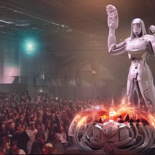 Image similar to a godlike ai rules over humanity as they worship it