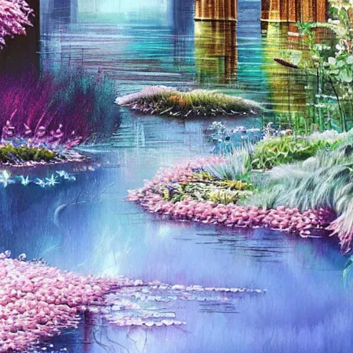 Image similar to Cosy water in city of the future in harmony with nature. Nice colour scheme, soft warm colour. Beautiful detailed painting by Lurid. (2022)