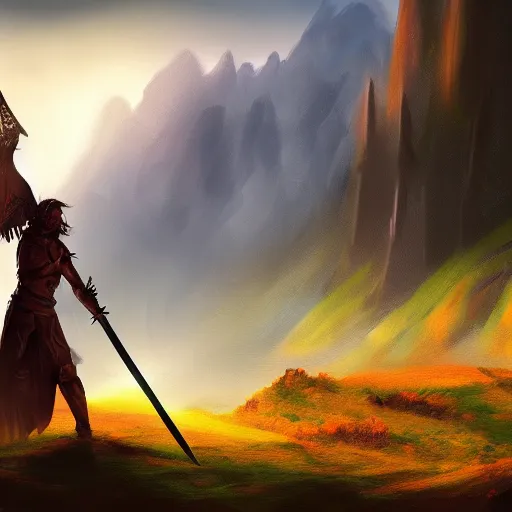 Prompt: a victorious fantasy warrior raising sword in a beautiful valley, dramatic lighting, digital painting, concept art