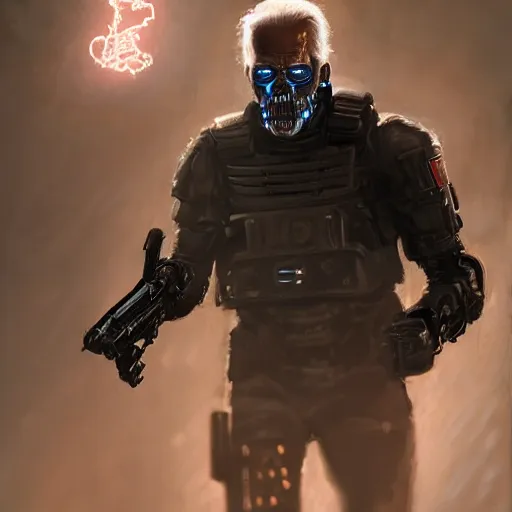 Image similar to joe biden as the terminator, dramatic lighting, cinematic, establishing shot, extremly high detail, photorealistic, cinematic lighting, artstation, style by James Gurney