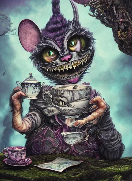 Image similar to Cheshire Cat drinking tea with Alice in wonderland,death tarot card,highly detailed,half skull face,cinematic,8k,by Stanley Artgermm,Tom Bagshaw,Greg Rutkowski,Carne Griffiths, Ayami Kojima, Beksinski, Giger,trending on DeviantArt,hyper detailed,horror, full of colour