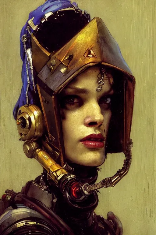 Image similar to full character portrait max mad cyberpunk warhammer 4 0 k, medic sapper not the girl with the pearl earring character design, painting by gaston bussiere, katsuya terada, wyeth, greg rutkowski, craig mullins, ( ( ( ( ( vermeer ) ) ) ) ), frank frazetta, mucha, tom of finland, trending on artstation