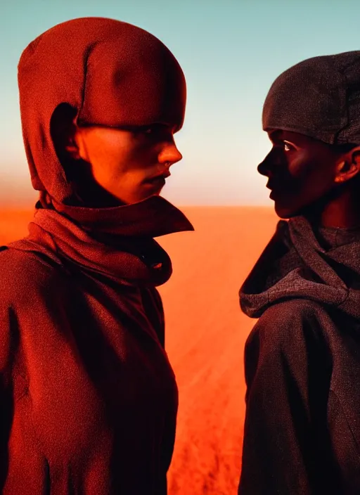 Image similar to cinestill 5 0 d photographic portrait by steve mccurry of two loving female androids wearing rugged black techwear on a desolate plain with a red sky in front of a brutalist structure, extreme closeup, cyberpunk style, dust storm, 8 k, hd, high resolution, 3 5 mm, f / 3 2, ultra realistic faces, ex machina