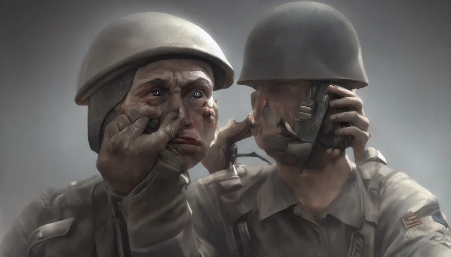 Image similar to Crying soldier during World War 2, hyperdetailed, artstation, cgsociety, 8k