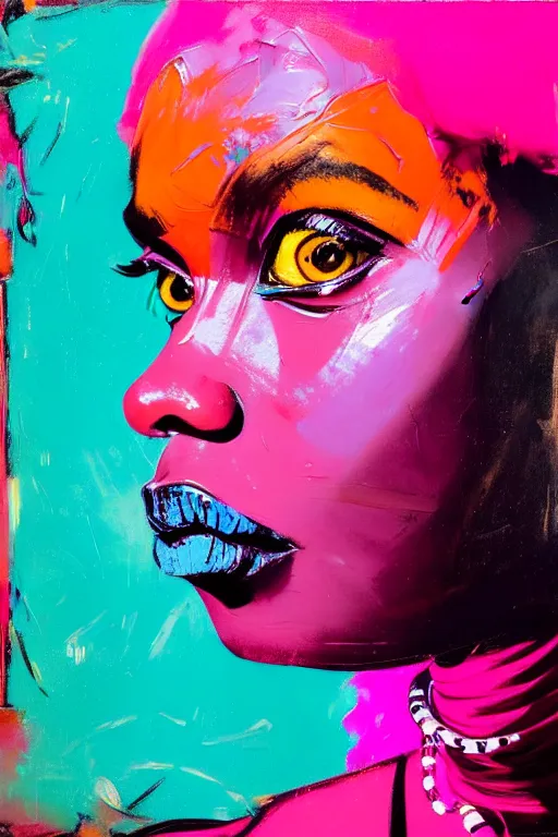 Image similar to portrait of a stylized african young lady, painted in acrylic, pigment textures, wet paint, in the colors hot pink and cyan, beautiful realistic face, rule of thirds, spotlight, by greg rutkowski, by jeremy mann, by francoise nielly, by van gogh, by ross tran, in focus