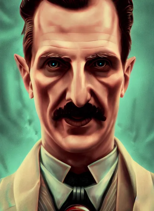 Image similar to biohazard portrait of nikola tesla from bioshock, au naturel, hyper detailed, digital art, trending in artstation, cinematic lighting, studio quality, smooth render, unreal engine 5 rendered, octane rendered, art style by klimt and nixeu and ian sprigger and wlop and krenz cushart