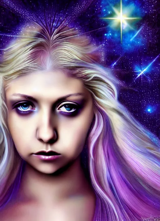 Image similar to elegant teen Taylor Momsen as empress of pulsar stars. ultra detailed painting at 16K resolution and amazingly epic visuals. epically beautiful image. amazing effect, image looks gorgeously crisp as far as it's visual fidelity goes, absolutely outstanding. vivid clarity. ultra. iridescent. mind-breaking. mega-beautiful pencil shadowing. beautiful face. Ultra High Definition. godly shading diffusion. amazingly crisp sharpness. photorealistic 3D rendering on film cel processed twice..