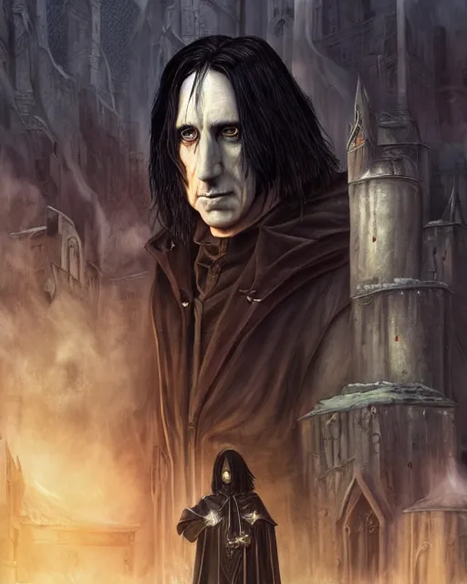 Image similar to An epic fantasy comic book style portrait painting of a very imposing Industrial goth Trent Reznor as Severus Snape at Hogwarts, character design by Mark Ryden and Pixar and Hayao Miyazaki, unreal 5, DAZ, hyperrealistic, octane render, cosplay, RPG portrait, dynamic lighting, intricate detail, cinematic