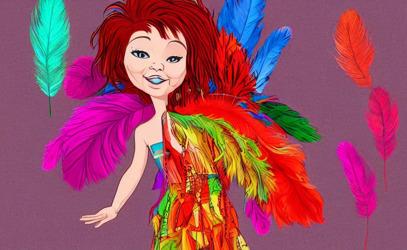 Prompt: little girl with eccentric red hair wearing a dress made of colorful feathers, cartoon art style