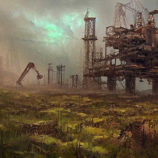 Image similar to post apocalyptic overgrown oil rig by marc simonetti, trending on artstation, digital artwork, highly detailed, contest winner, environmental artwork, concept art