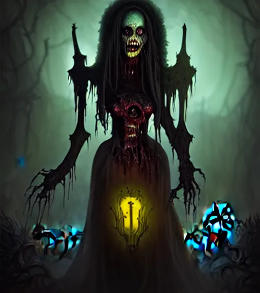 Image similar to gothic necrolord female with zombie servents, digital painting, liminal eerie midnight backlit, a picture taken by Michael Komarck and Daniel Ljunggren