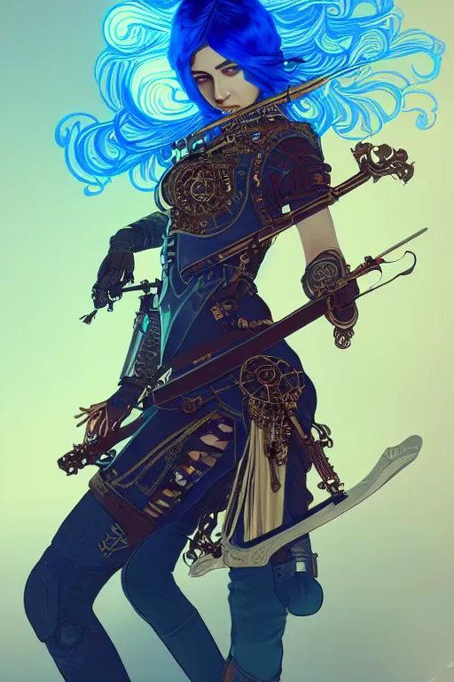 Prompt: full body of a beautiful young steampunk warrior girl playing a strange guitar with blue hair wearing detailed armour, intricate details, pretty face, realistic shaded Perfect face, insane action pose, steampunk, cyberpunk, highly detailed, artstation, illustration by Ilya Kuvshinov and alphonse mucha and Greg Rutkowski, dynamic morning light, fantasy background