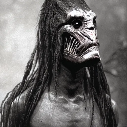 Image similar to photograph of yautja ( predator ) by edwardian, male, 1 9 0 0 s, 1 9 1 0 s, grainy, slightly blurry, faded, realistic face