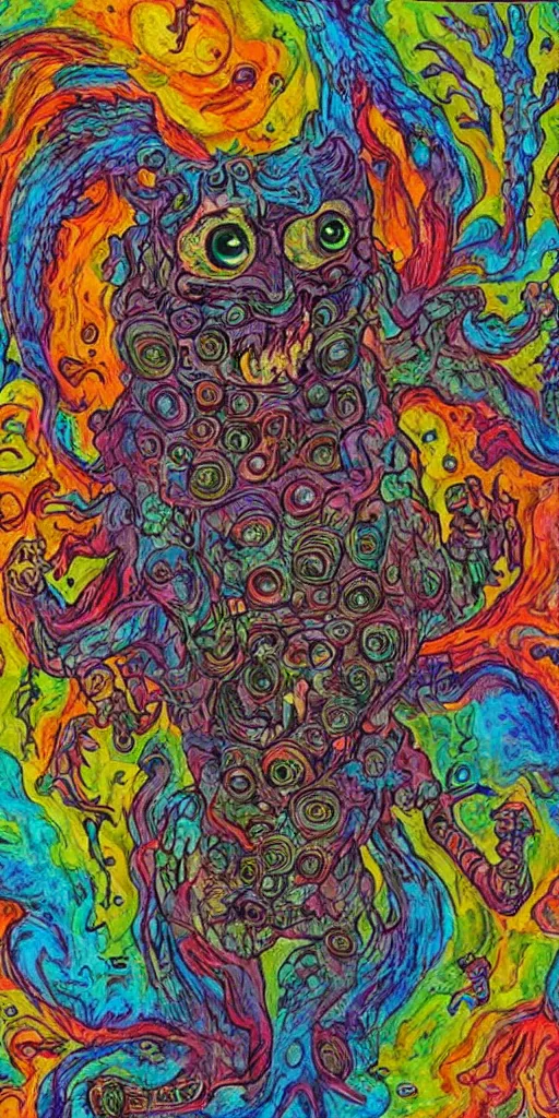 Image similar to a mad chaotic monster with two sharp heads that look sternly at each other, it has several eyes and scales on the misshapen body, psychedelic cosmic horror