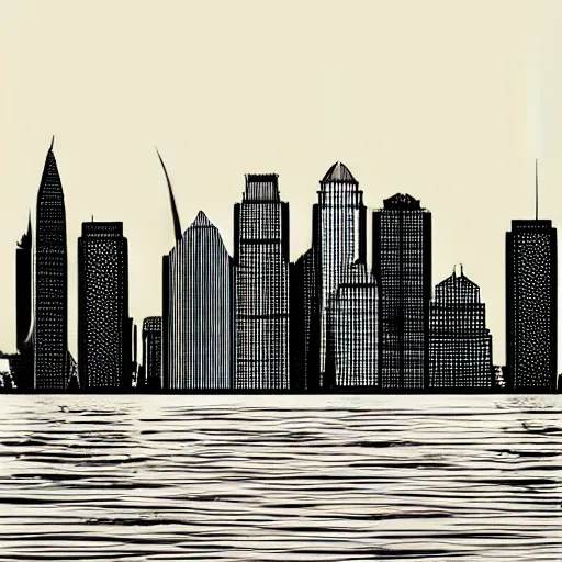 Image similar to a perfect circle, the outer edge of the circle is hugged by the silhouette of a city skyline, black and white, minimalist, in the style of a line drawing