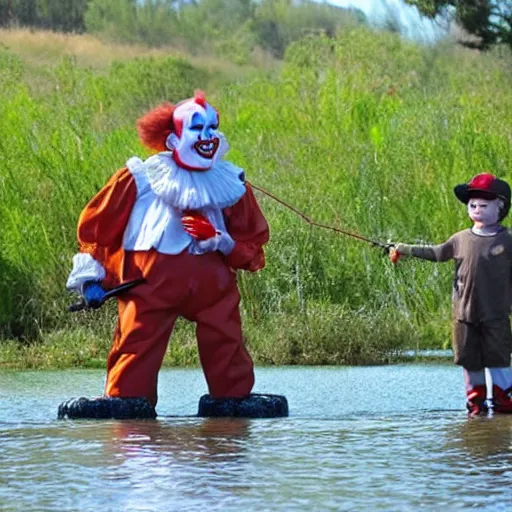 Prompt: pennywise the clown takes his son fishing