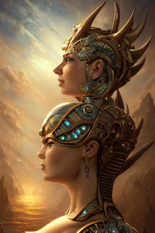 Image similar to portrait of a beautiful female hybrid cyborg atlantean anubis hada elsa jean alien warrior, regal, realistic, refined, detailed, digital art, jessica rossier, michael cheval, esao andrews, steampunk, walt disney ( 1 9 3 7 ), francois boucher, oil painting, highly detailed, cinematic lighting, unreal engine, 8 k, hd