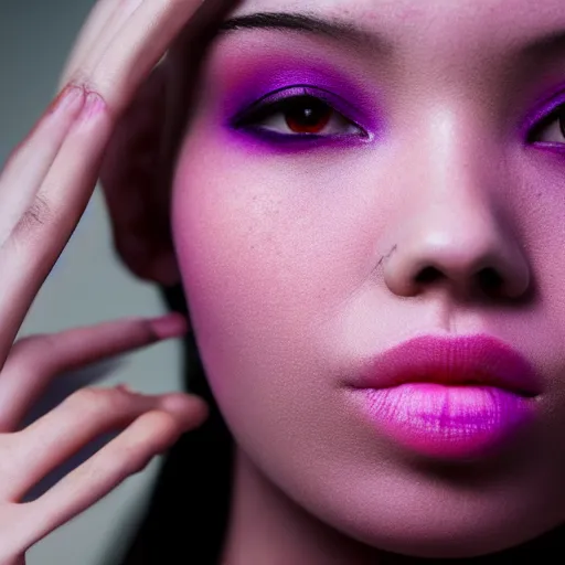 Prompt: photo of slim girl, 2 0 yo, close - up, high detail, studio, smoke, sharp, pink violet light, studio, 8 5 mm sigma art lens