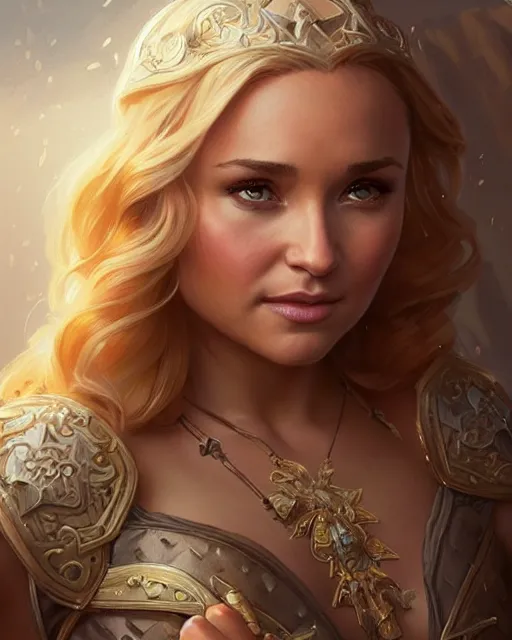 Image similar to Hayden Panettiere, D&D, fantasy, intricate, elegant, highly detailed, digital painting, artstation, concept art, matte, sharp focus, illustration, hearthstone, art by Artgerm and Greg Rutkowski and Alphonse Mucha