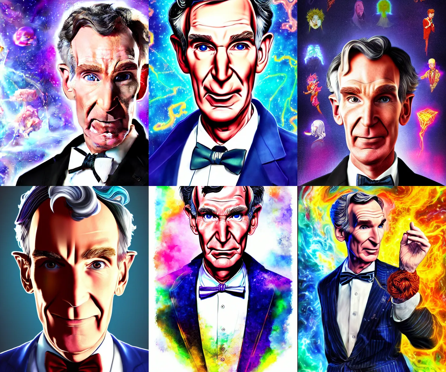 Prompt: portrait of bill nye as a chaos mage, beautiful, fantasy, colorful, artstation, trending, highly detailed, focus, smooth, by hirohiko araki and yoshitaka amano