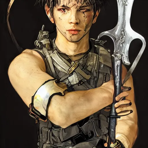 Prompt: portrait of a young white hero using his right arm to hold his sword covering his eye by yoji shinkawa, high quality, extra details, realism, ornate, colored, golden chain, blood, white skin, short hair, brown eyes, vivid, sunlight, dynamic, american man, freedom, white american soldier, painting, cybernetics, military