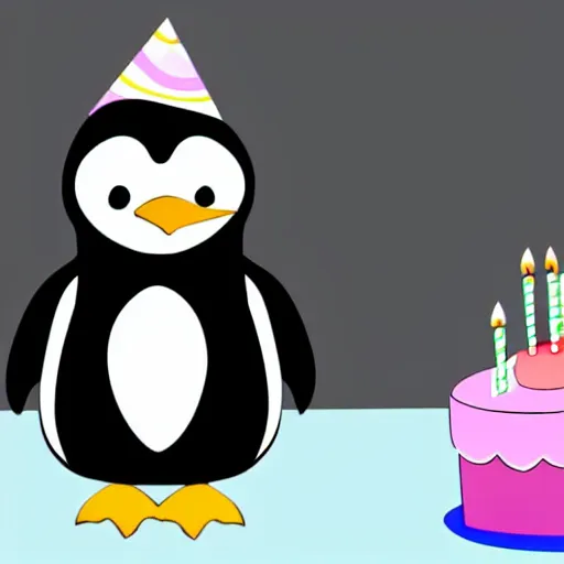 Prompt: a penguin with a birthday cake and a party hat, a pastel by may de montravel edwardes, pixabay contest winner, dau - al - set, contest winner, creative commons attribution, stockphoto