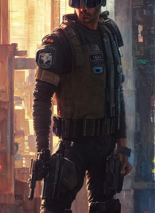 Prompt: cyberpunk police trooper in a military vest ( blade runner 2 0 4 9, cyberpunk 2 0 7 7 ). orientalist portrait by john william waterhouse and james gurney and theodore ralli and nasreddine dinet, oil on canvas. cinematic, hyper realism, realistic proportions, dramatic lighting, high detail 4 k