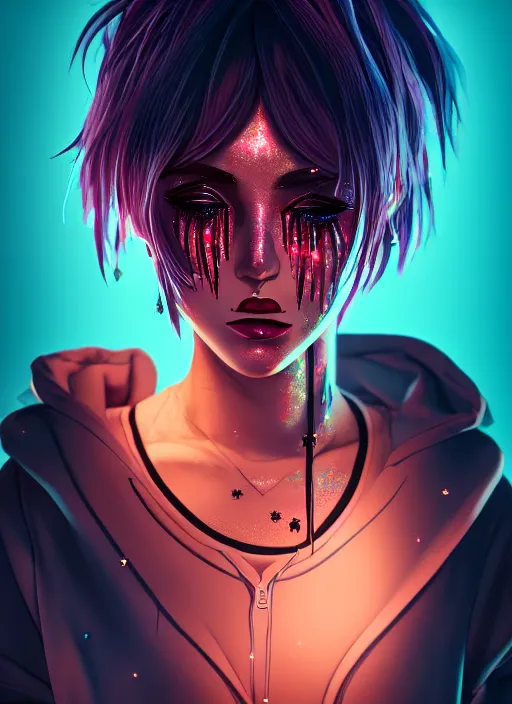 Image similar to portrait of a streetwear anime style woman wearing thick mascara, crying, a city on fire in the background, police lights shine on her face, tattoos, dark glitter, Cinestill 50d, 4k, 8k, hd, full color, octane render, trending on artstation, highly detailed