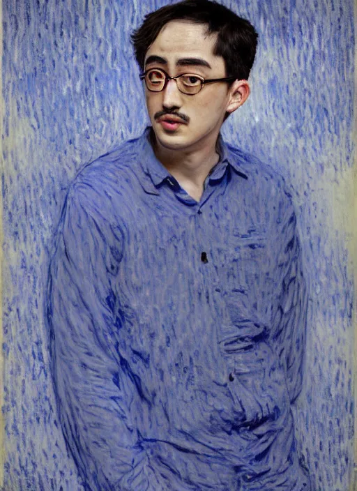 Image similar to Filthy Frank wearing blue dirty spaghetti stained dress shirt, rule of thirds, accurately portrayed, portrait art by Claude Monet, highly detailed, digital painting, concept art, illustration, imperial Japanese flag background, trending on artstation, very detailed, smooth, sharp focus, octane render, close up