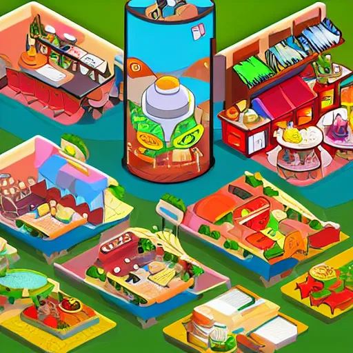 Image similar to an restaurant tycoon game, colorful, cartoon, cute, detailed,