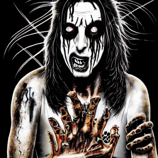 Image similar to graphic illustration, creative design, alice cooper as rob zombie, biopunk, francis bacon, highly detailed, hunter s thompson, concept art