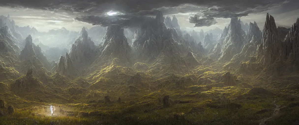 Image similar to amazing concept painting, by Jessica Rossier and HR giger and Beksinski, A gleaming white opera hall fortress overlooks a fertile valley, brutalist deak ferrand Jean-pierre Ugarte bases, Rivendell Himeji, hallucination, garden of eden