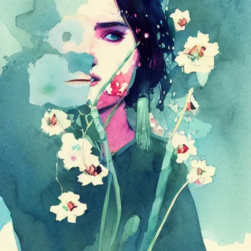 Image similar to watercolor painting by conrad roset, flowers growing out, cgsociety, artstation