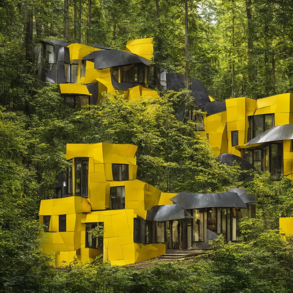 Image similar to a small flat house in the forest, designed by Frank Gehry. Big Tiles. Film grain, cinematic, yellow hue