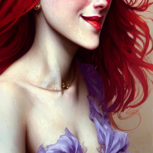 Prompt: close up portrait of a beautiful smiling girl with red hair and freckles, happy intricate, elegant. highly detailed, digital painting, artstation, concept art, smooth, sharp, focus, illustration. background is purple, art by artgerm and greg rutkowski and alphonse mucha,