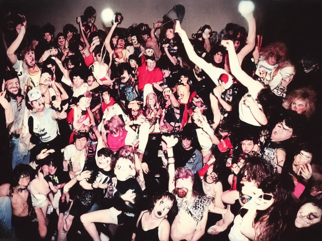 Prompt: 1980s polaroid colour flash photograph of a punk party in an apartment